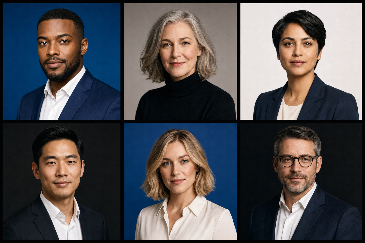 Contact sheet of six professional studio headshots